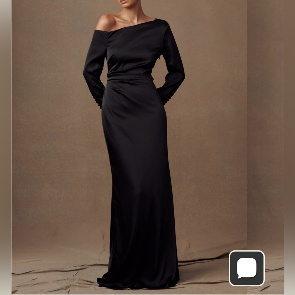 Meshki Avery Black One Shoulder Long Sleeve Maxi Dress Gown Large